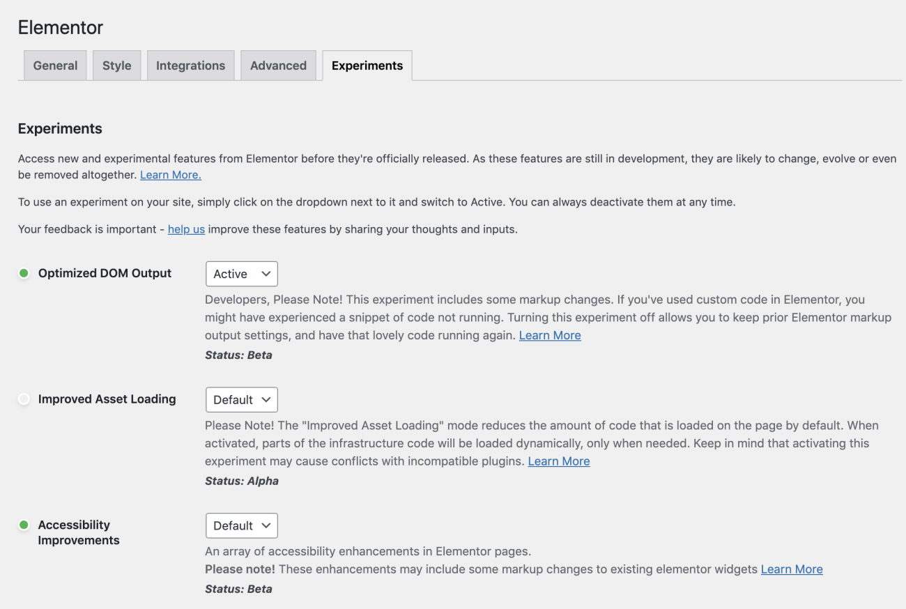 Elementor's new optimized DOM settings