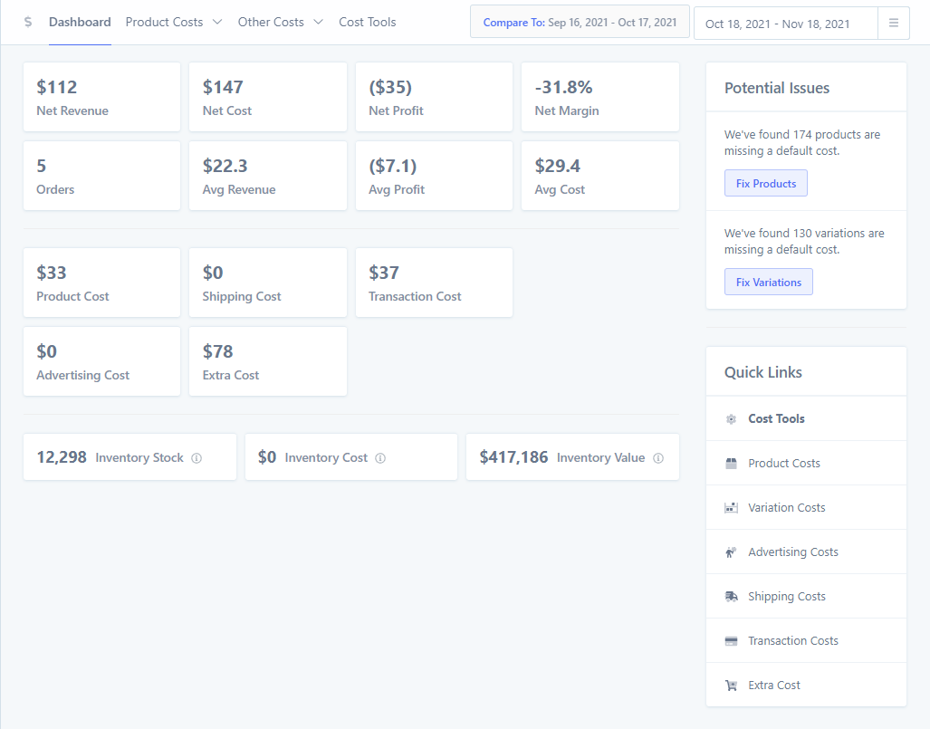 Cost dashboard