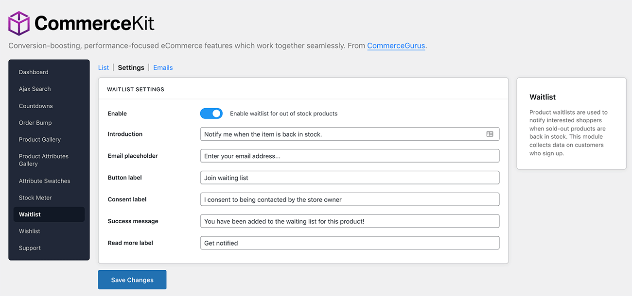 CommerceKit Waitlist Settings