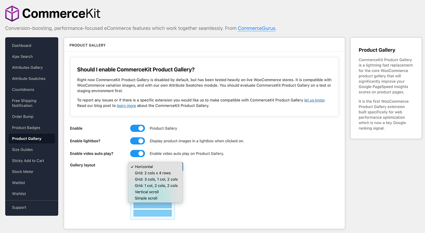 CommerceKit Product Gallery Settings