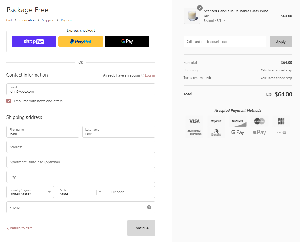 Package Free checkout page
