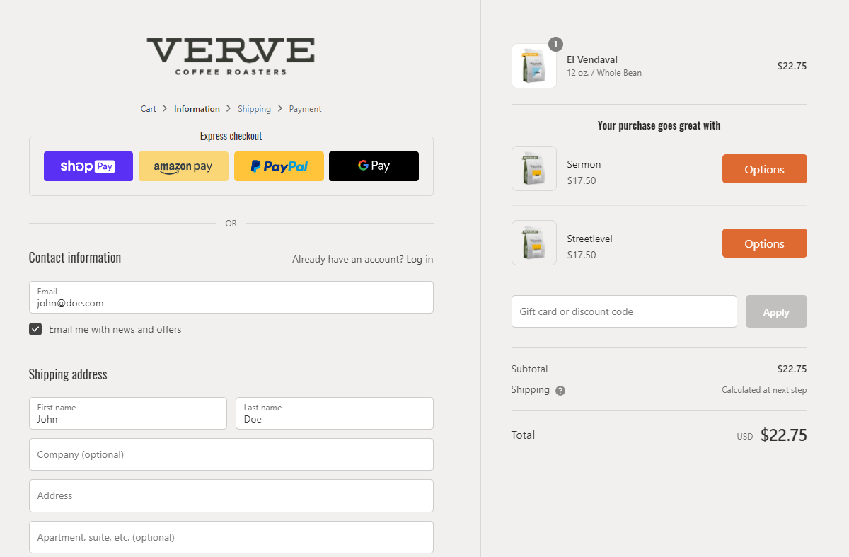 Verve Coffee Roasters checkout