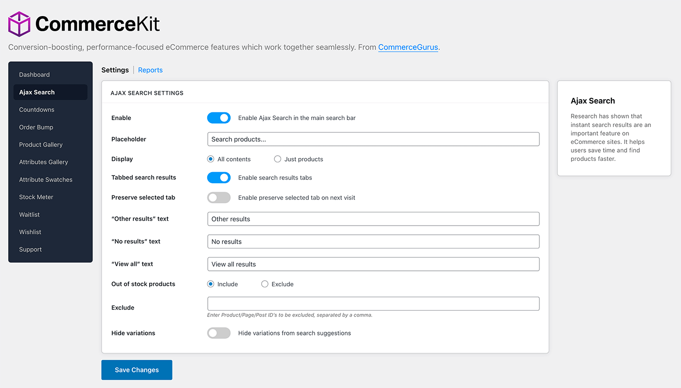 CommerceKit Ajax Search Admin