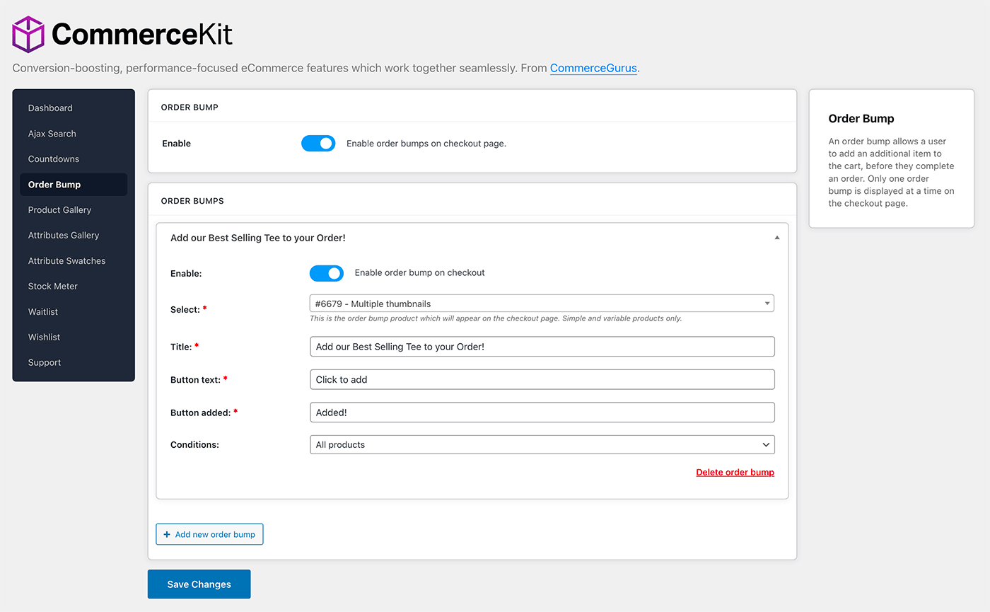 The CommerceKit Order Bump Settings area