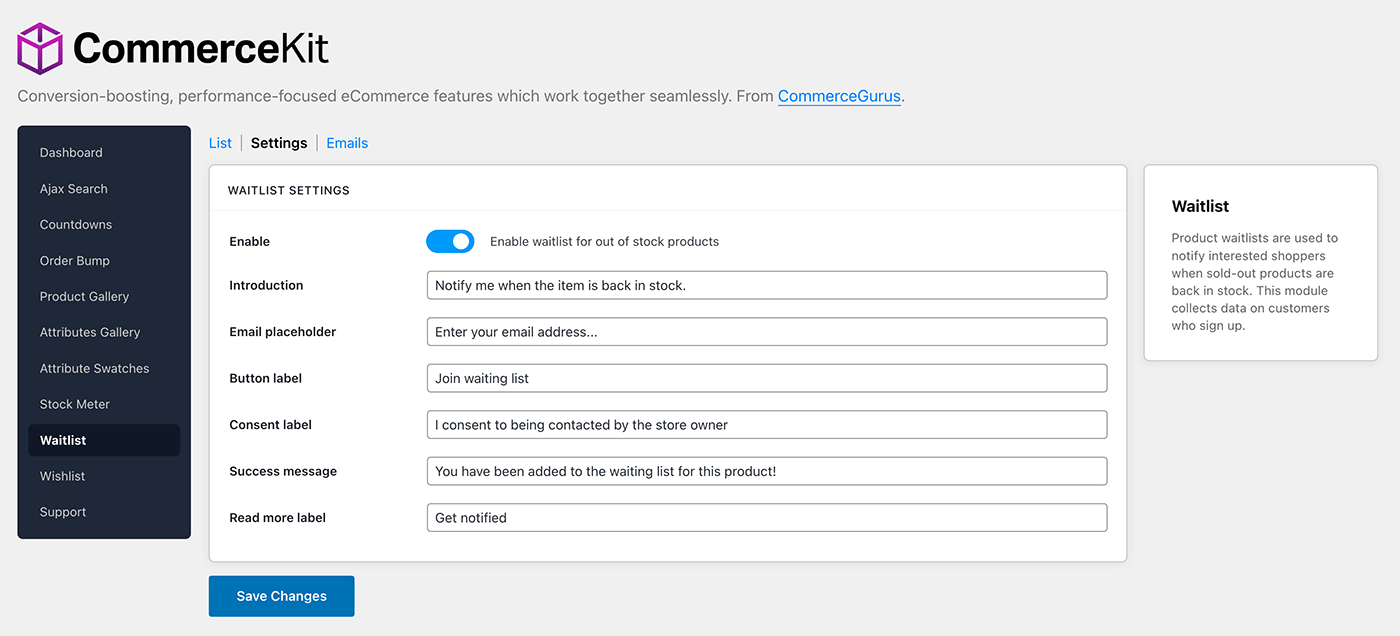 CommerceKit Wishlist Settings