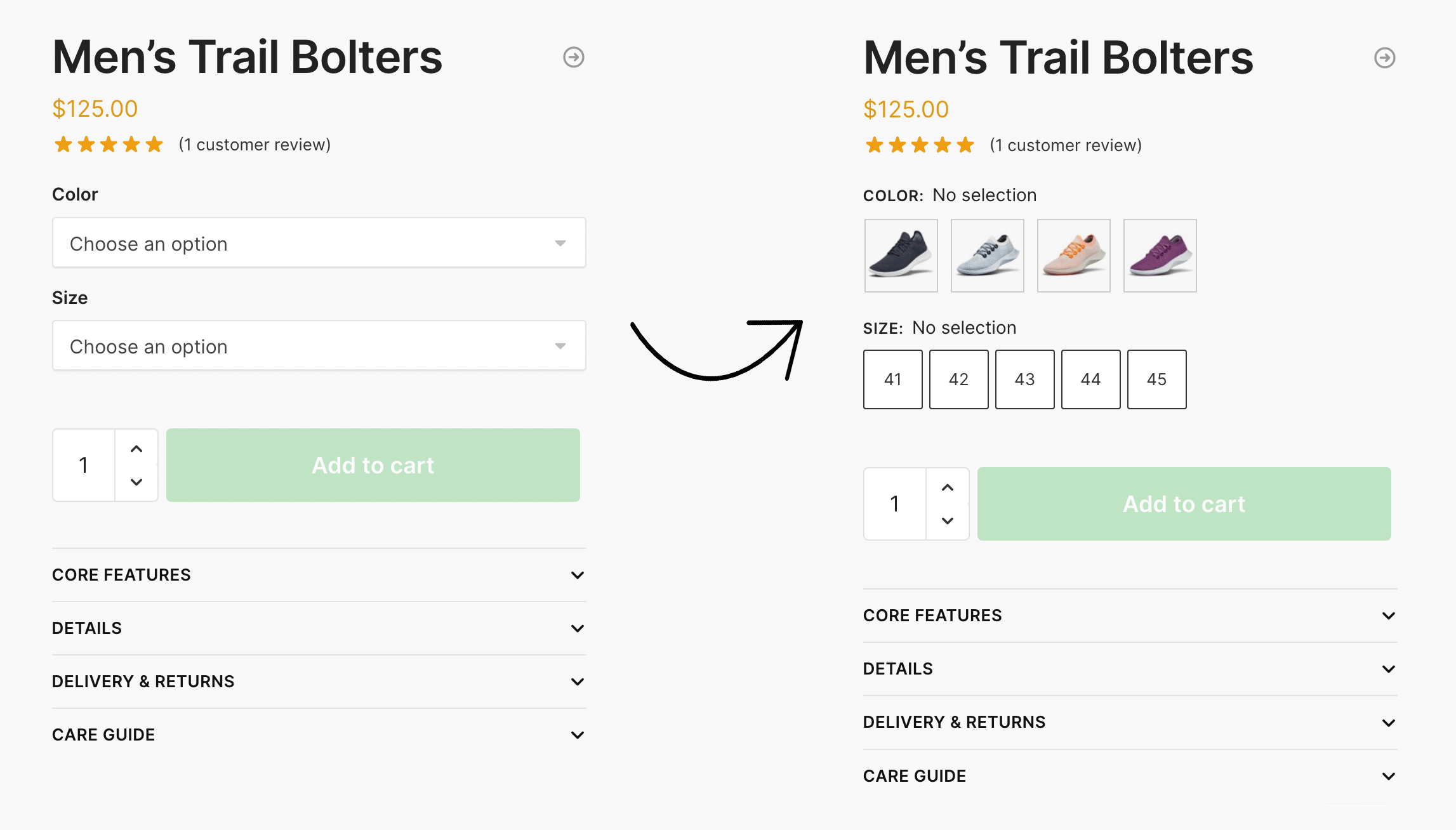 Left: Default WooCommerce variations. Right: With CommerceKit Attribute Swatches Enabled