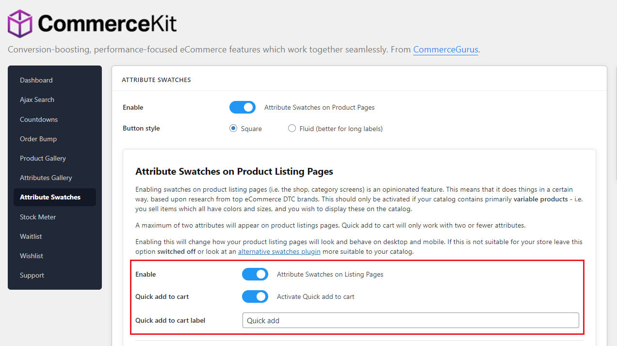 Attribute Swatches settings