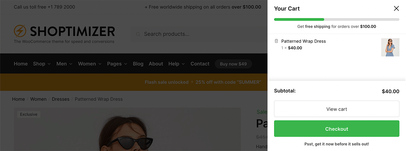 Free shipping progress bar within the sidebar cart