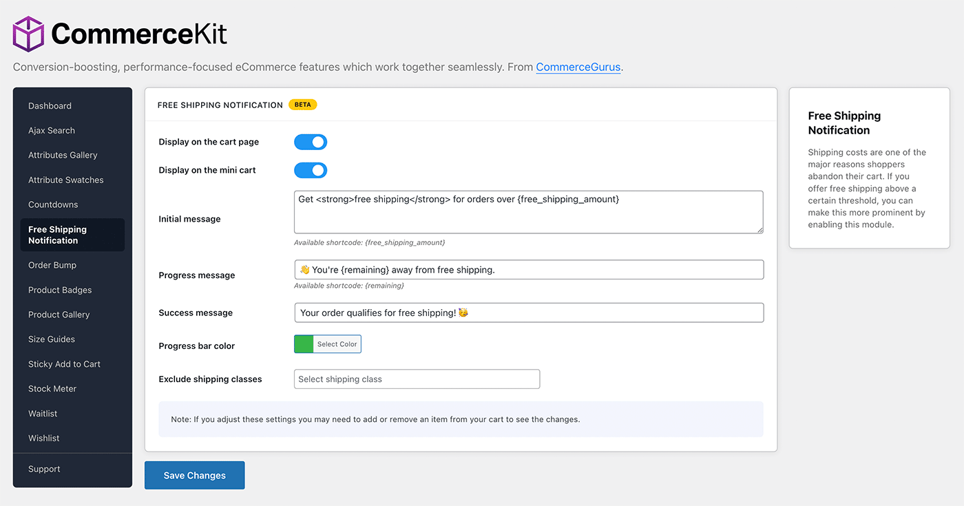 CommerceKit Free Shipping Notification Module