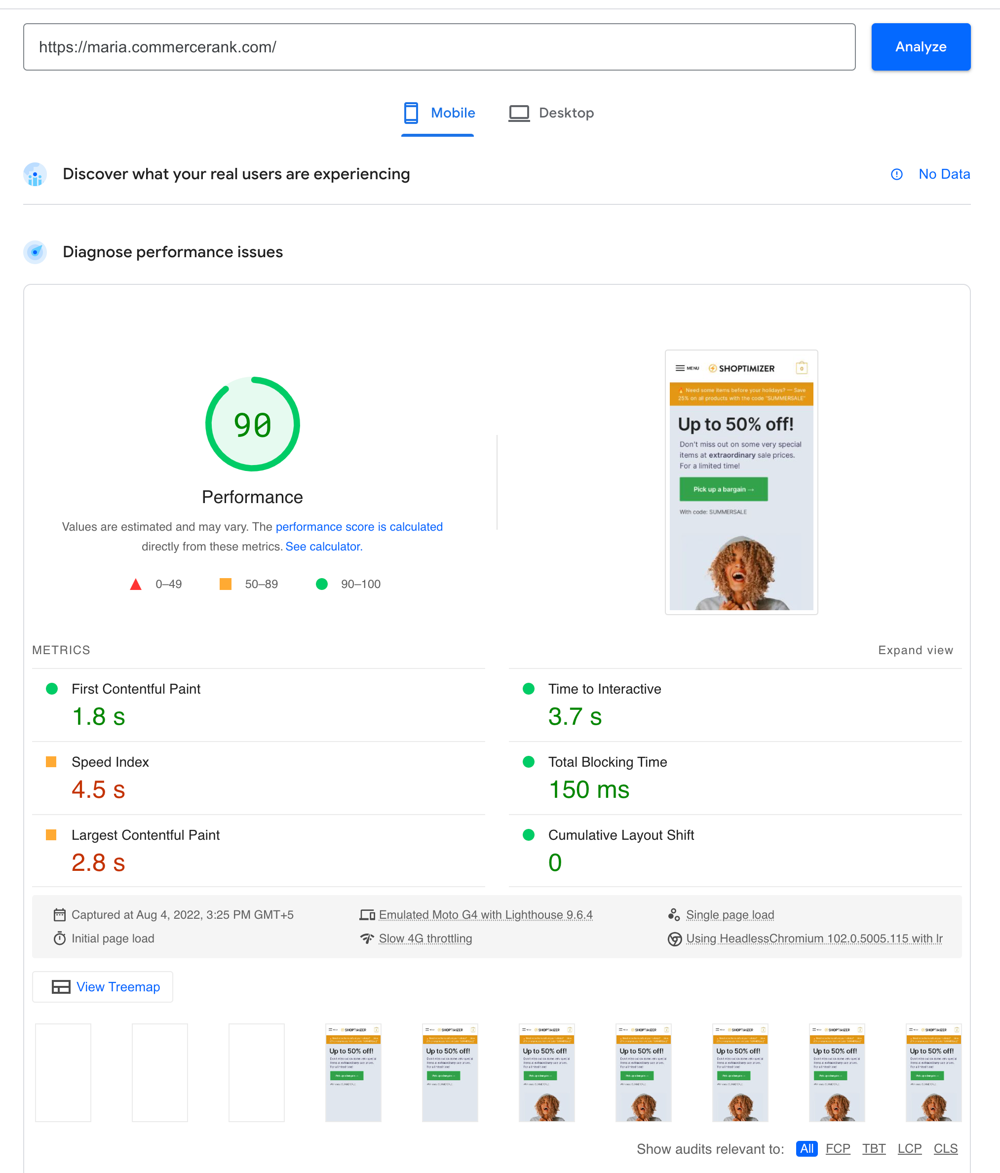 Google PageSpeed Insights mobile score