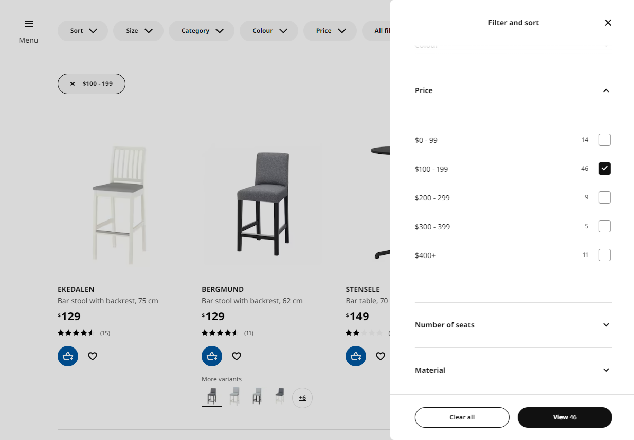 IKEA product filters