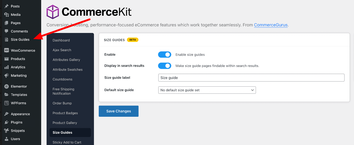 CommerceKit Size Guides Admin Options