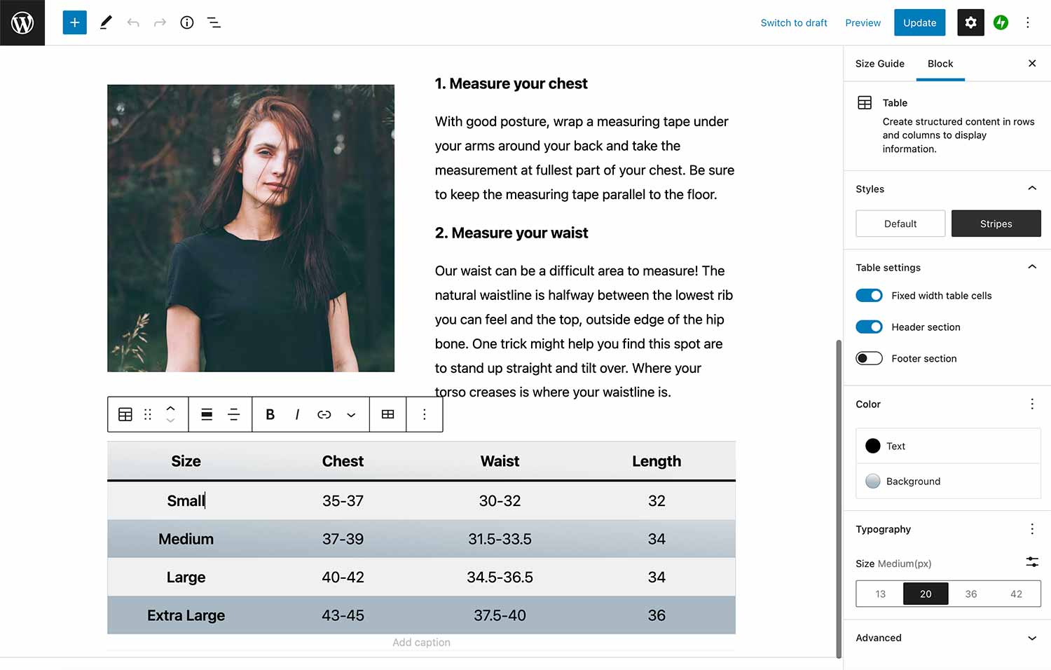 Fill out the size chart entries.