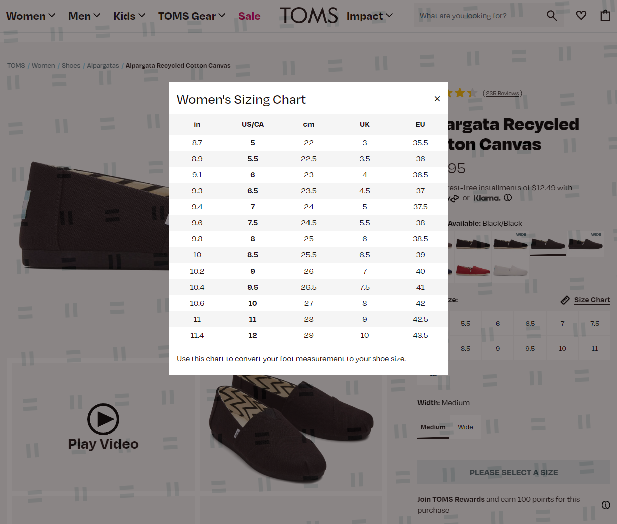 TOMS size guide