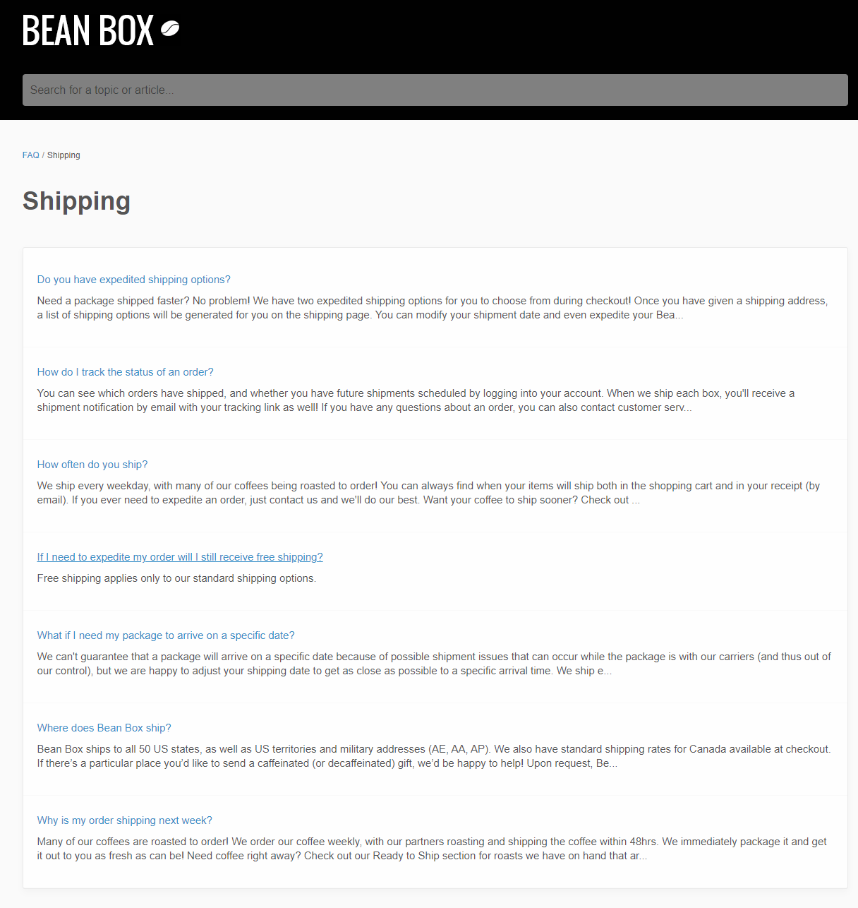BeanBox shipping policy