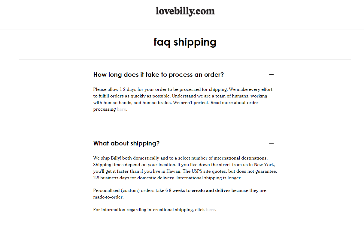 Billy! shipping policy