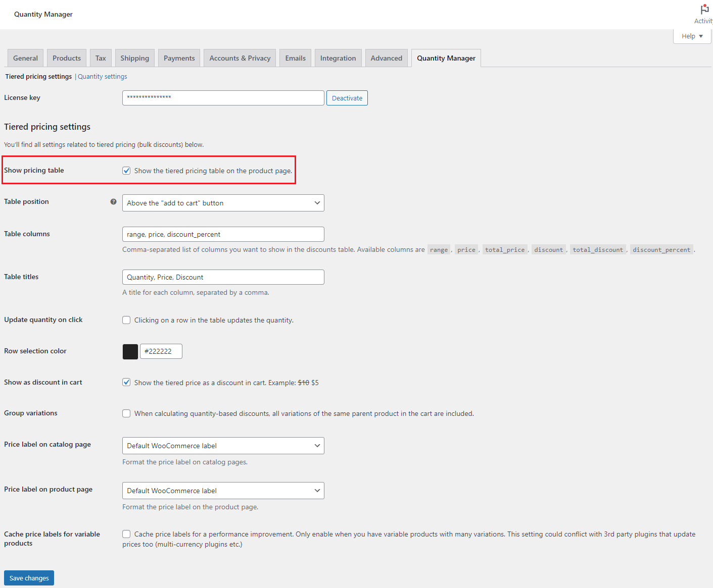 Tiered pricing configuration settings.