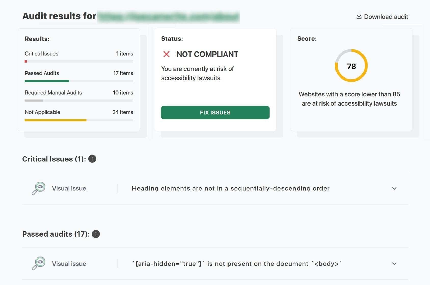 Results Page from an Online ADA Compatibility Checker