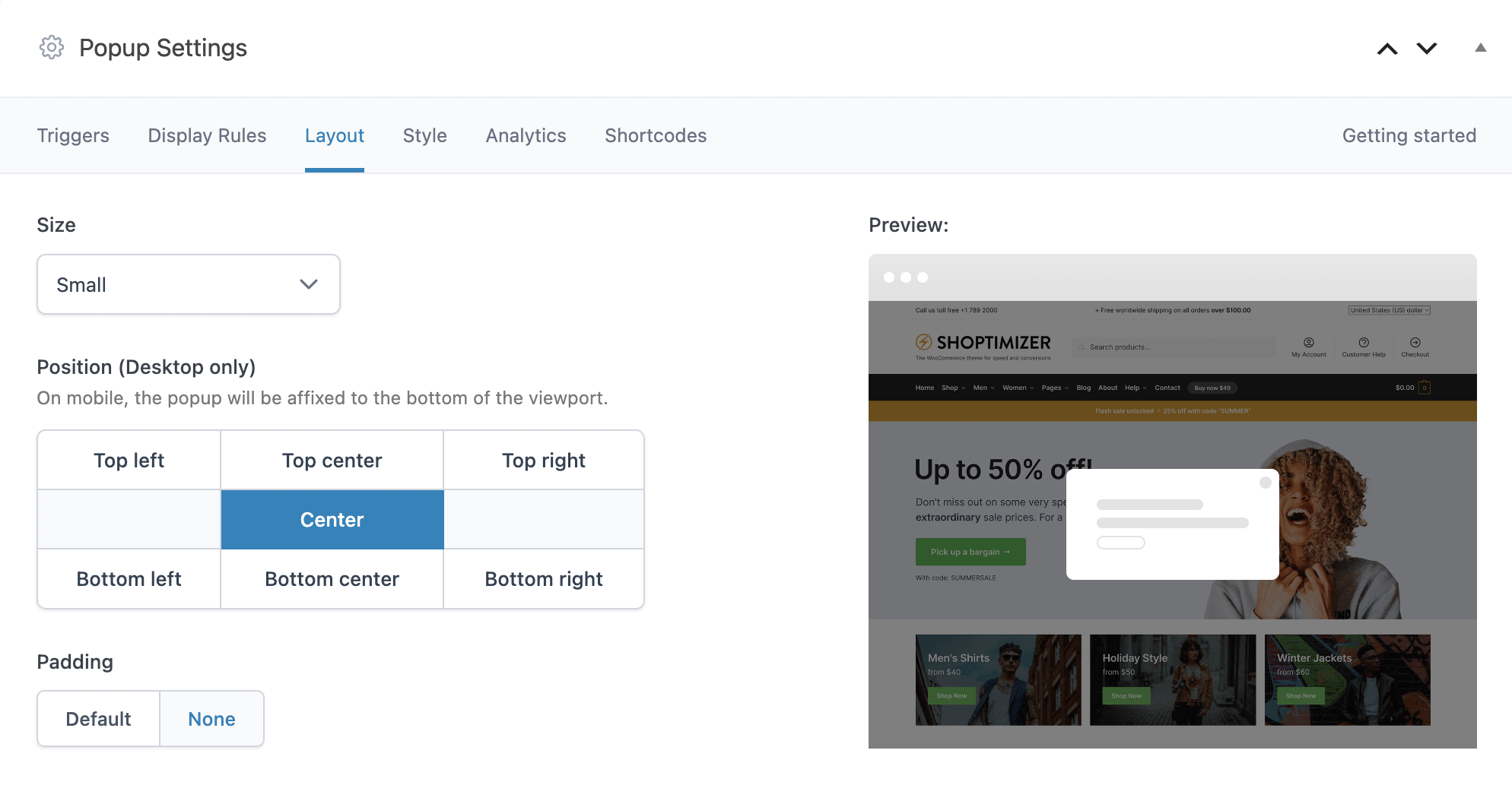 Popup Maker Layout Tab Options