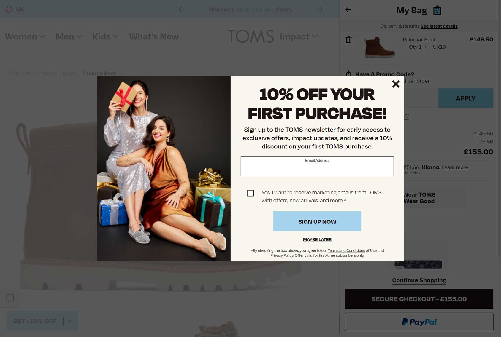 Toms Exit Intent Popup Example