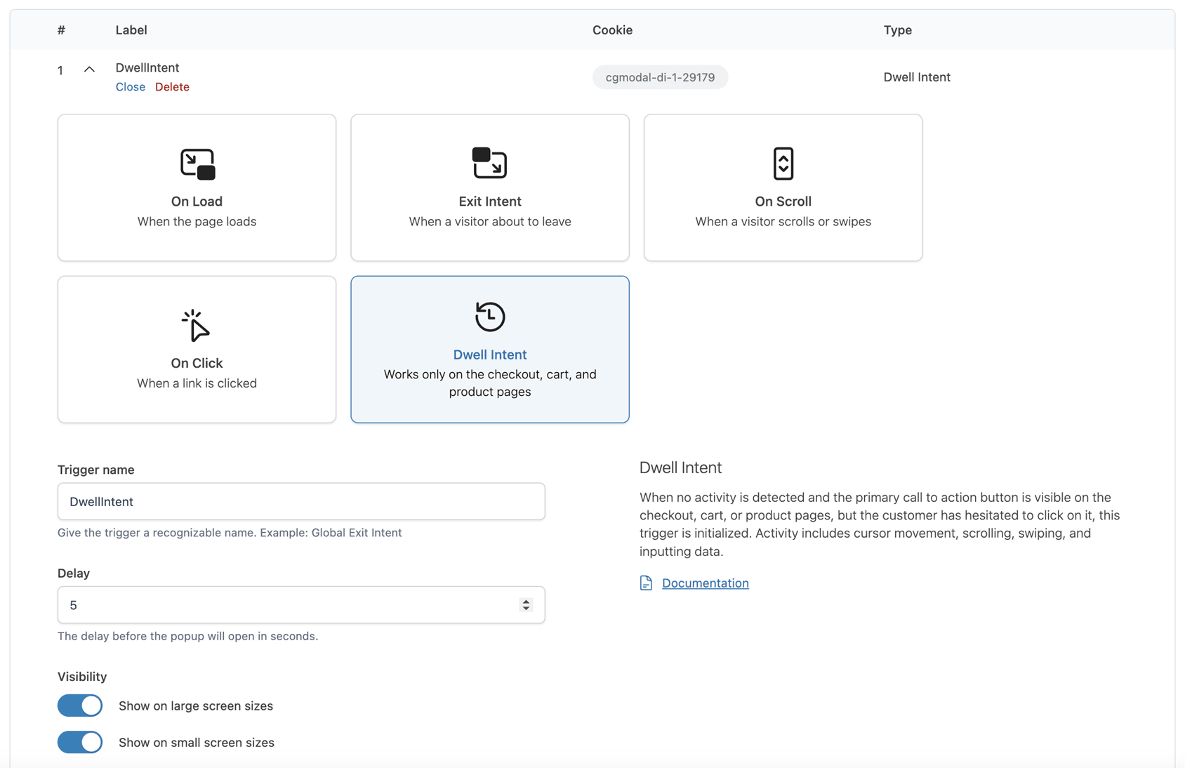 Dwell Popup Trigger Settings