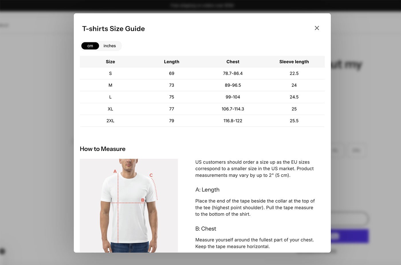 CommerceGurus Size Guide Example
