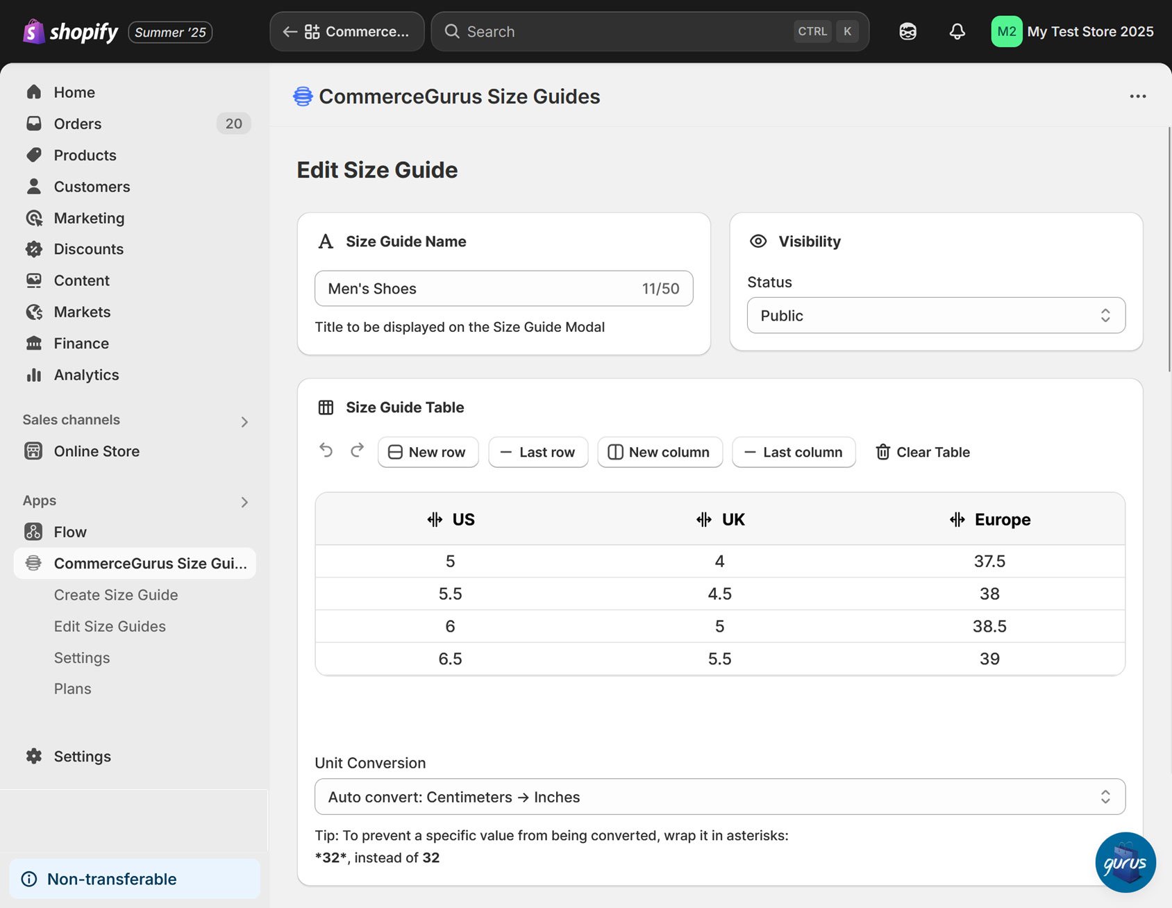 CommerceGurus Size Guides App User Interface
