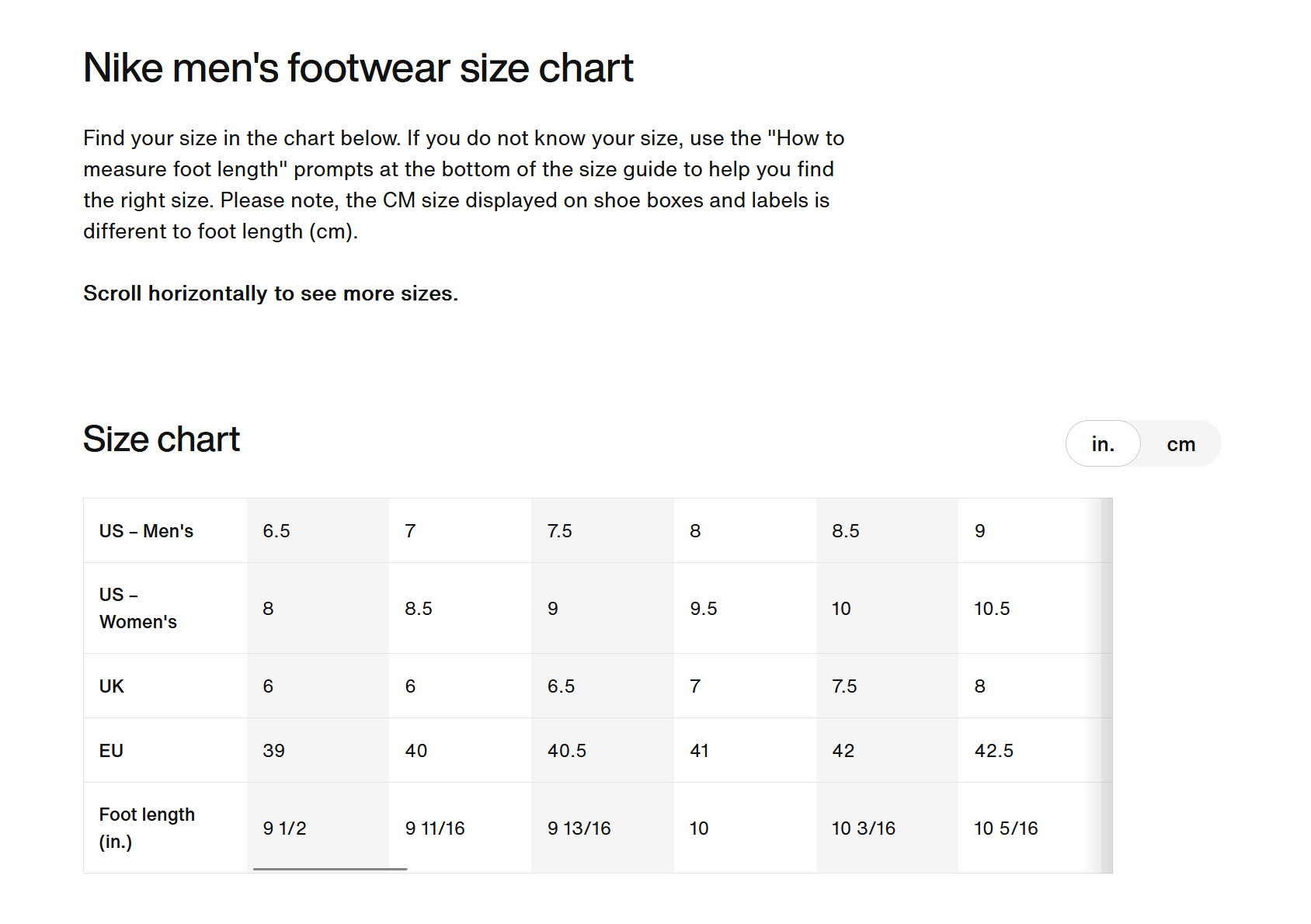 Nike Sizing Chart Example