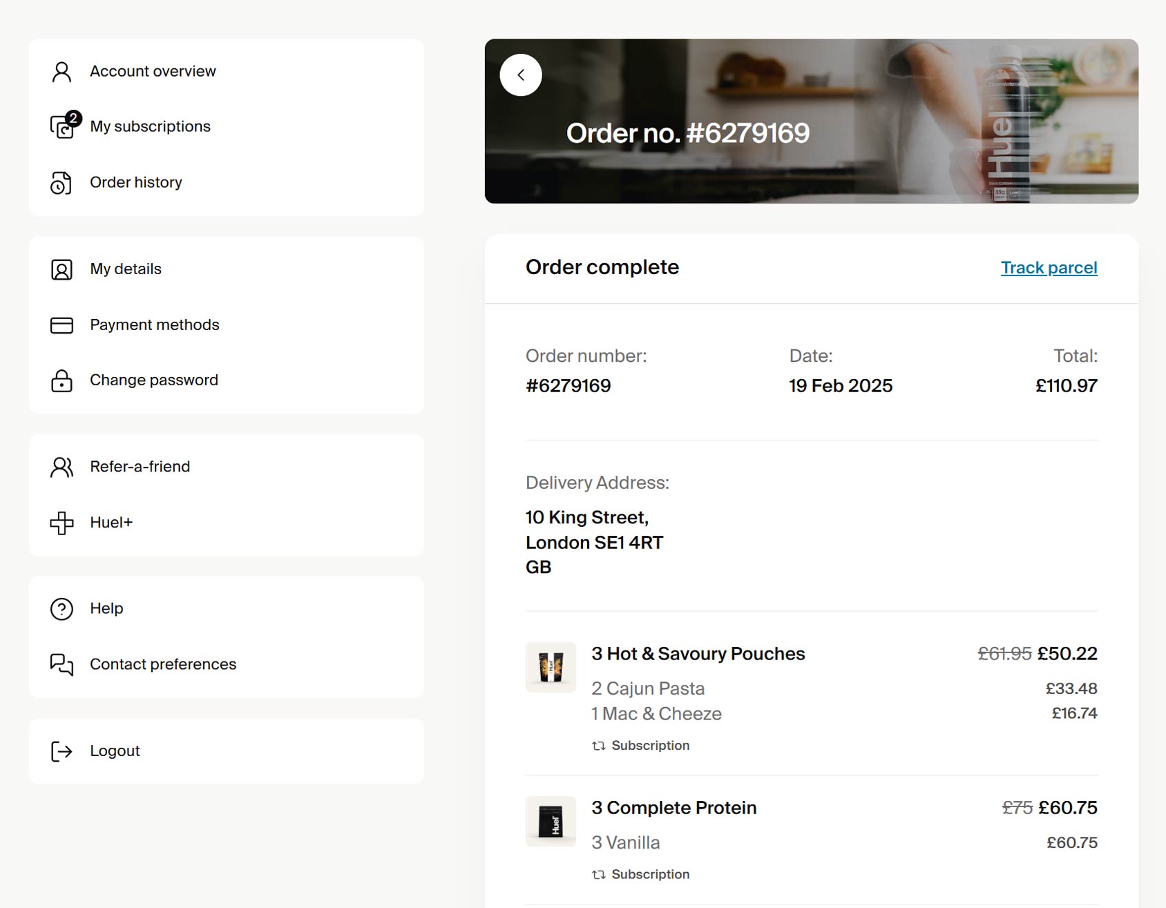 Huel Order Confirmation Page