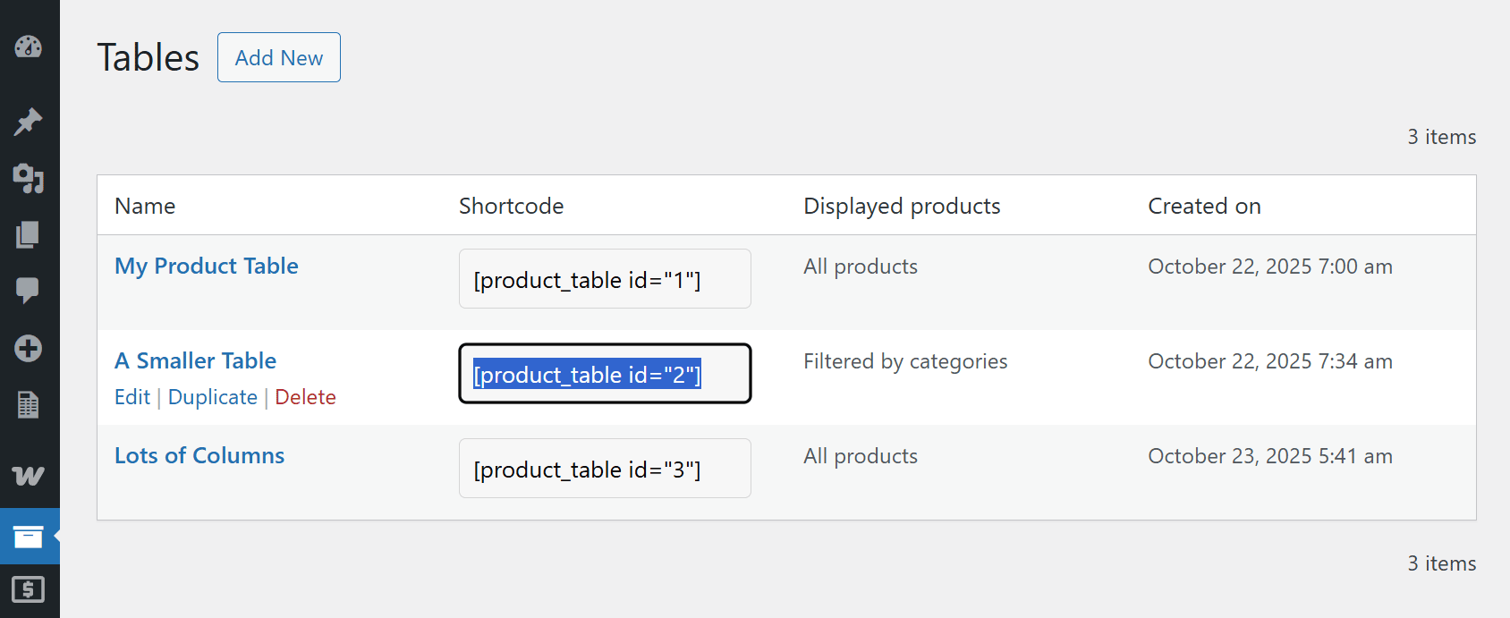 Table shortcode