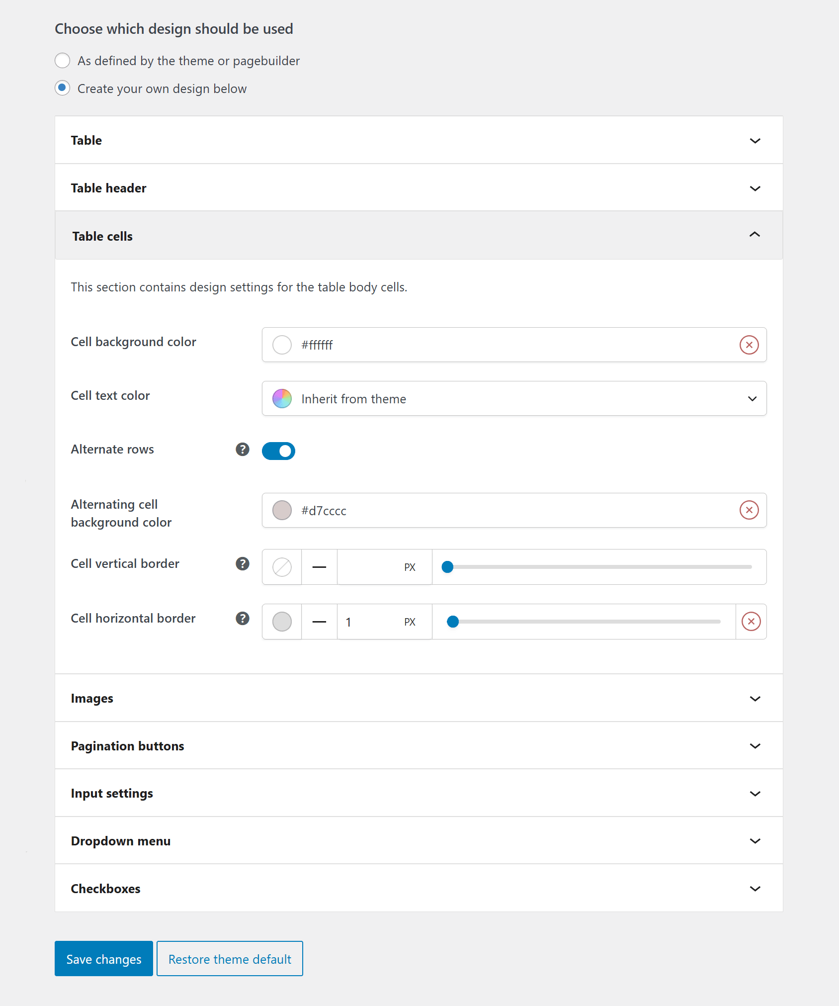 Table Design Settings