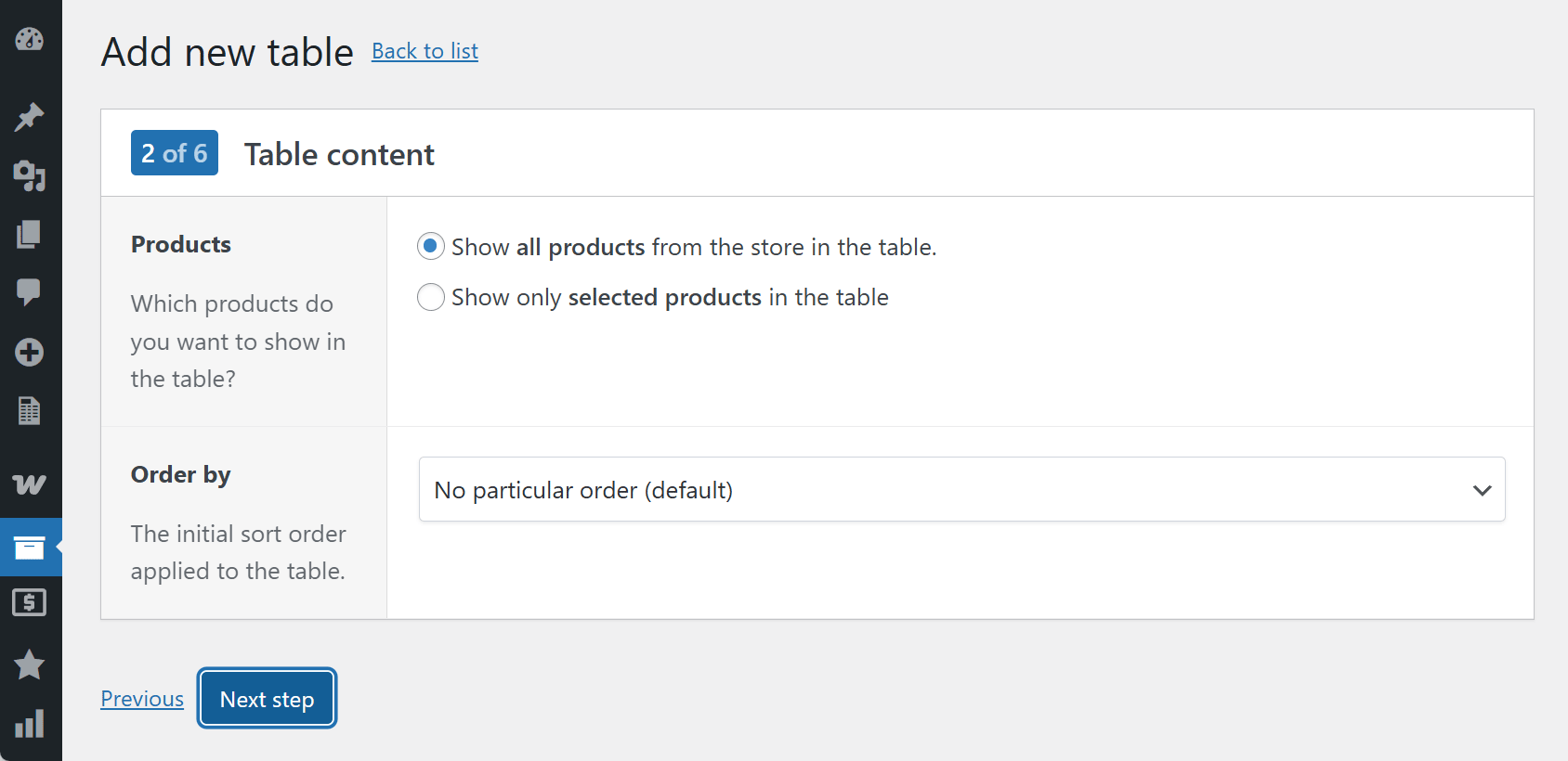 Choosing which products to add to the table