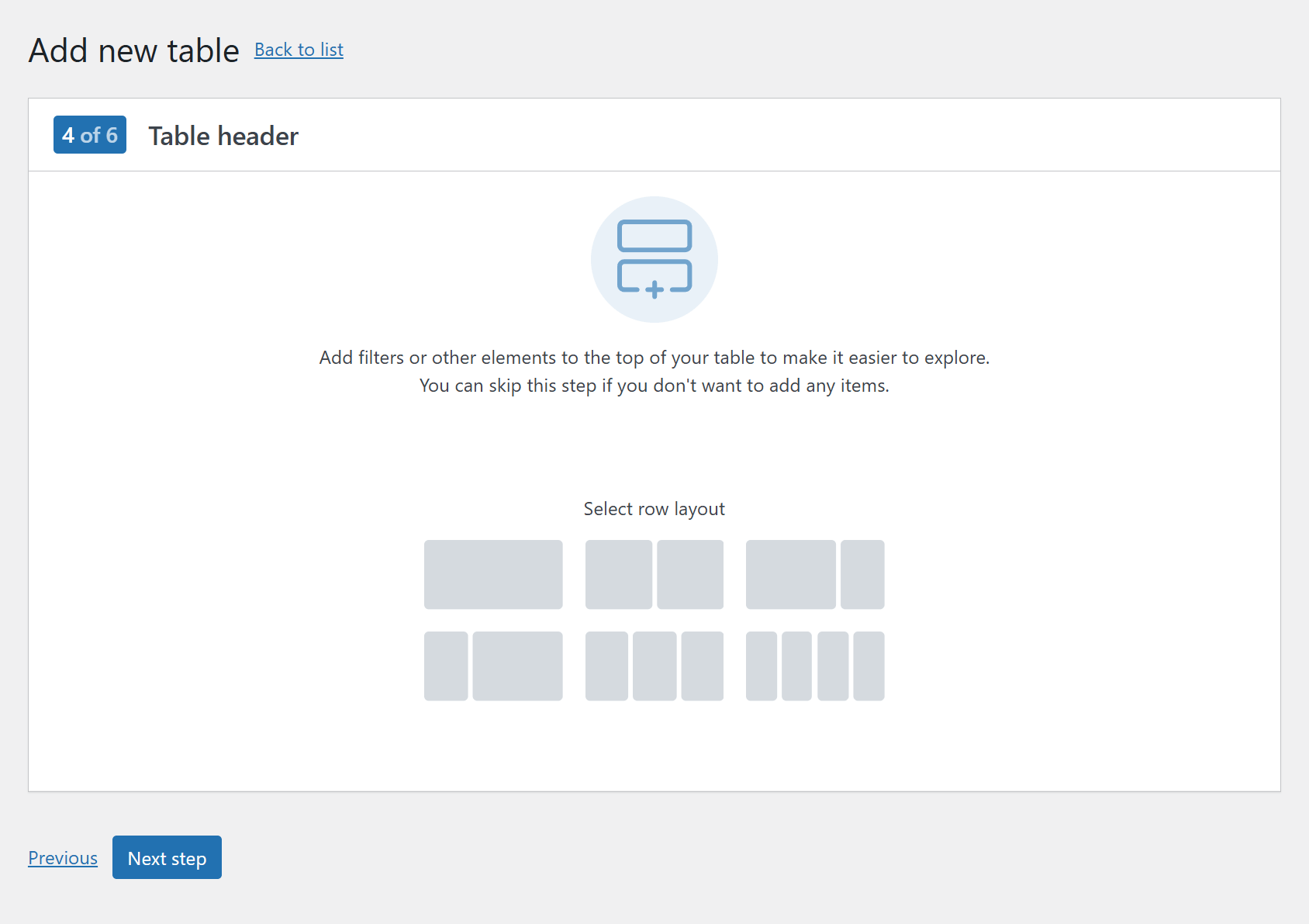 Table header options
