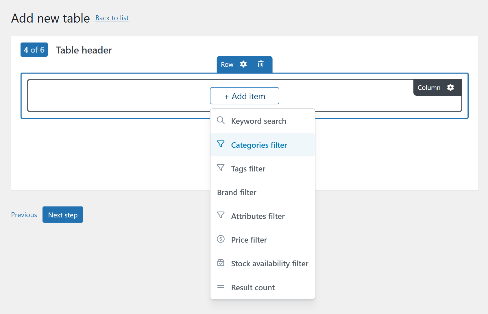 Example table header