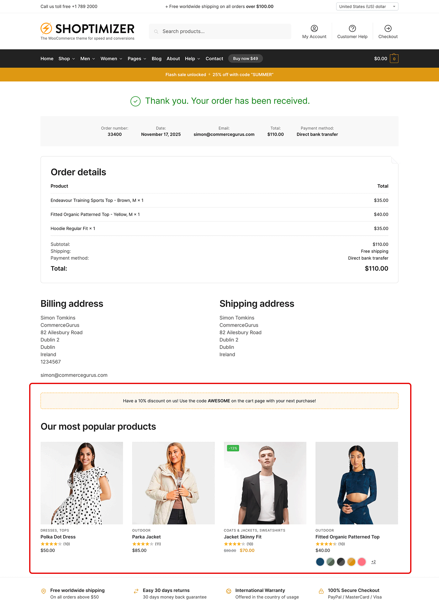 Shoptimizer thank you page