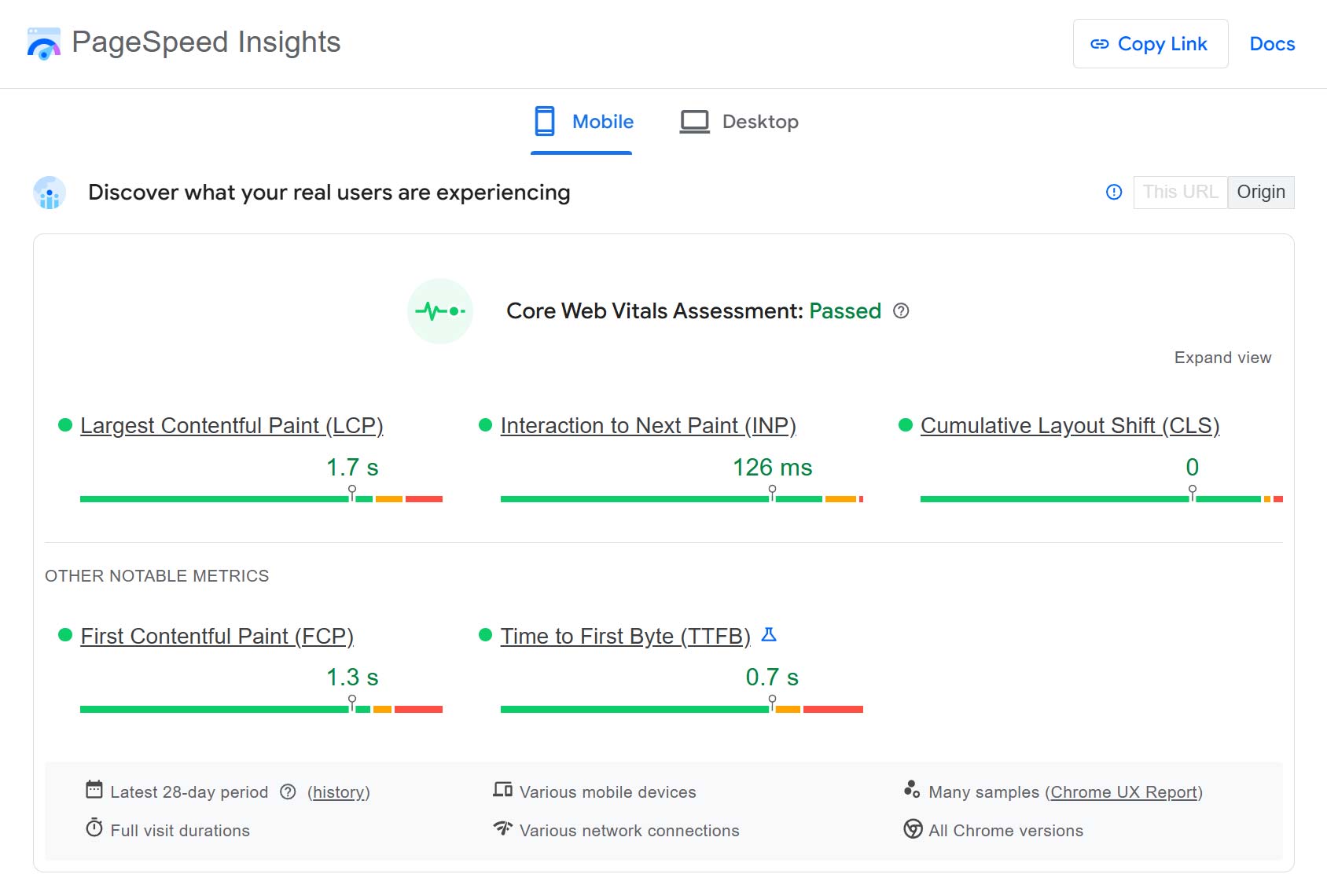 LCP Testing in PageSpeed Insights