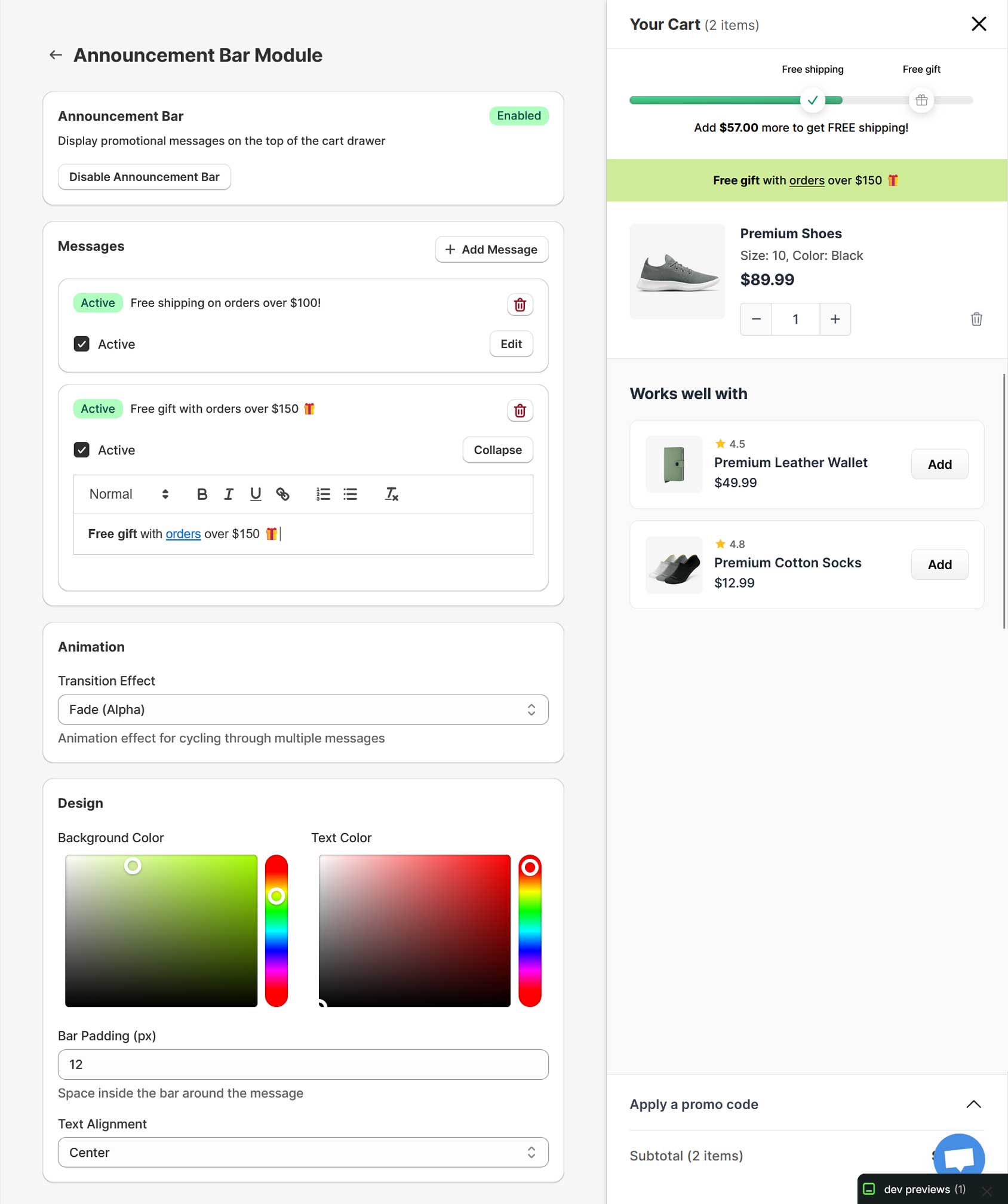Announcement bar settings
