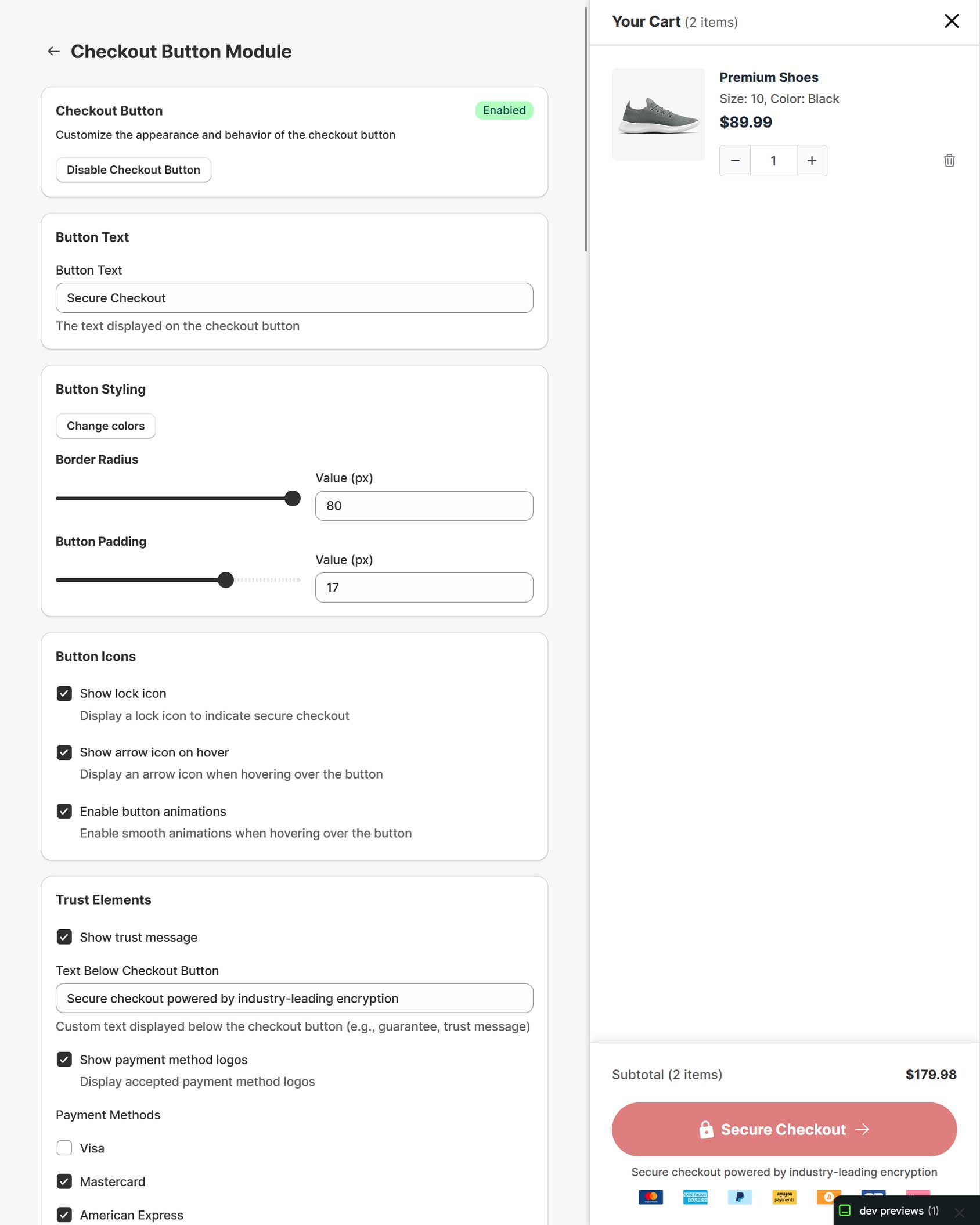 Cart drawer checkout button settings.