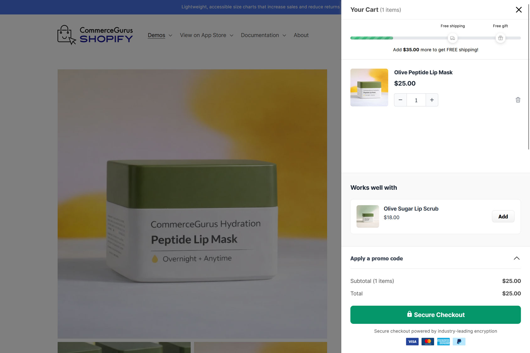The CommerceGurus Cart Upsells Shopify App Drawer Example