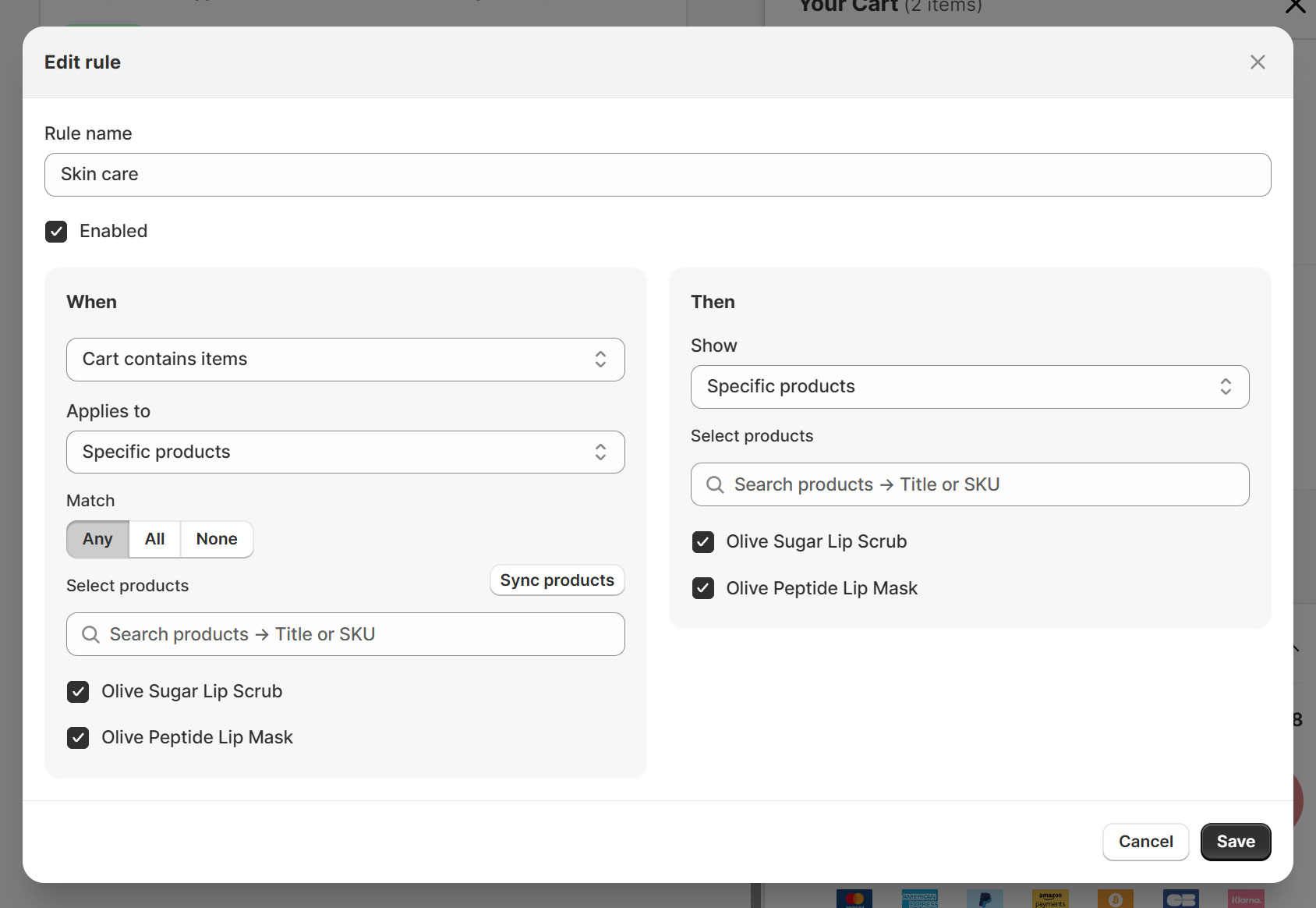 A cart drawer product suggest rule based on cart contents. 