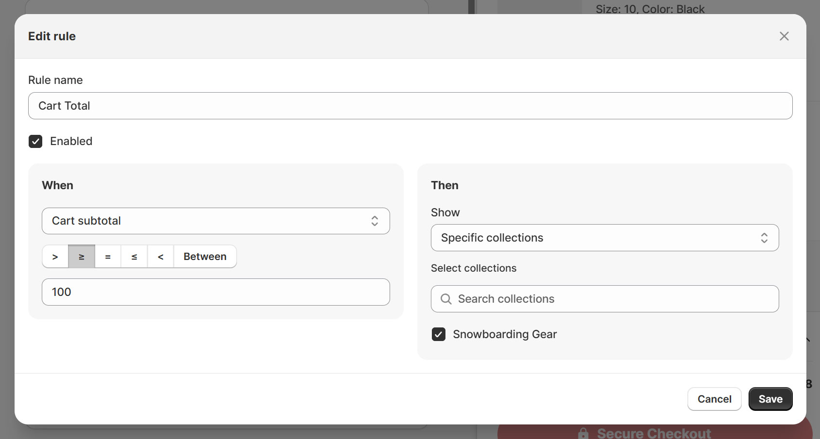A cart drawer product suggest rule based on the cart total value.