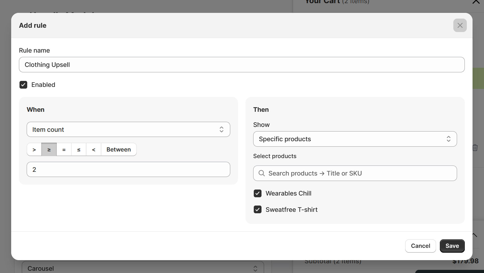 A rule for suggesting products in the cart