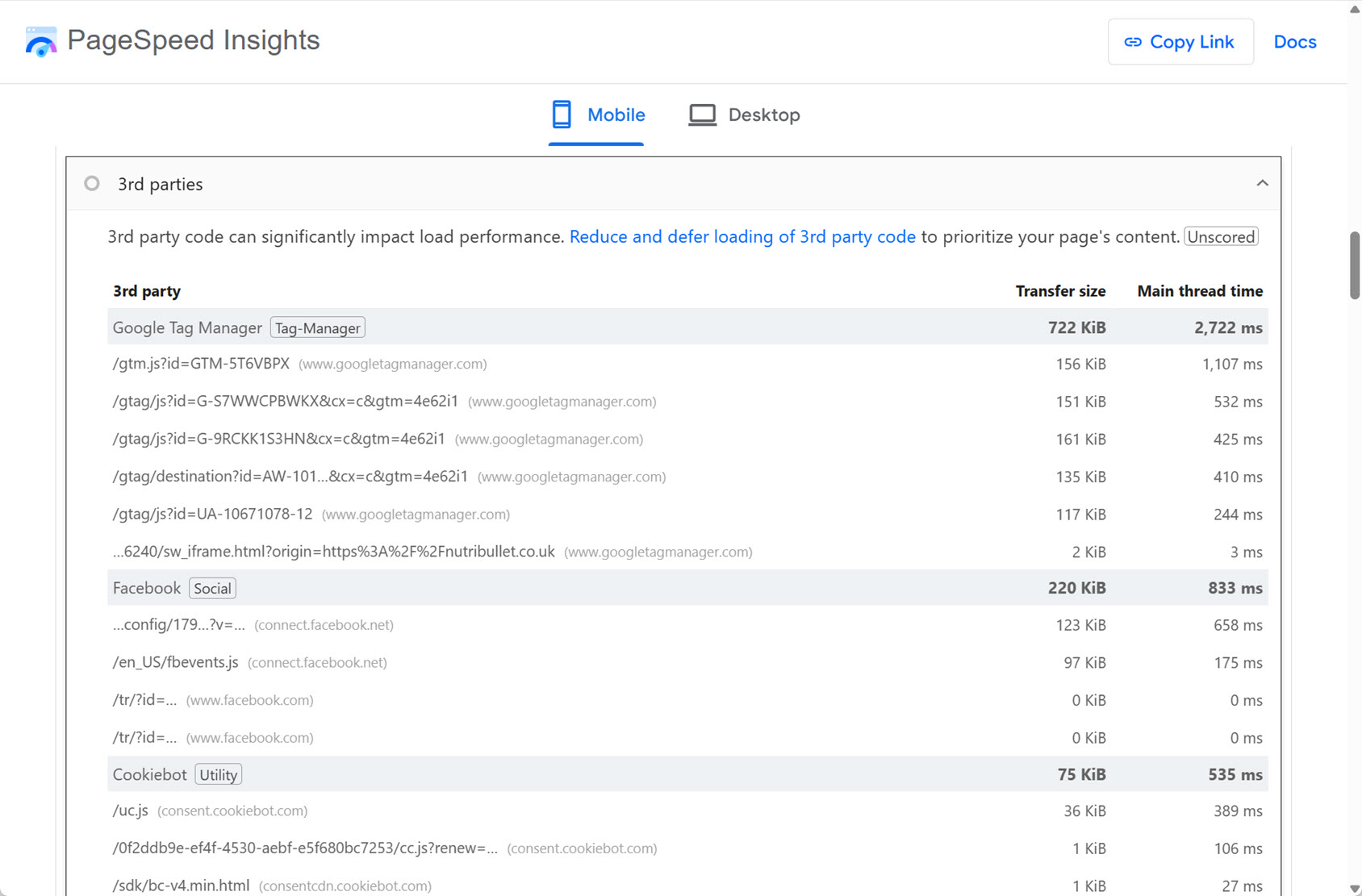 PageSpeed Insights 3rd Party Scripts Report