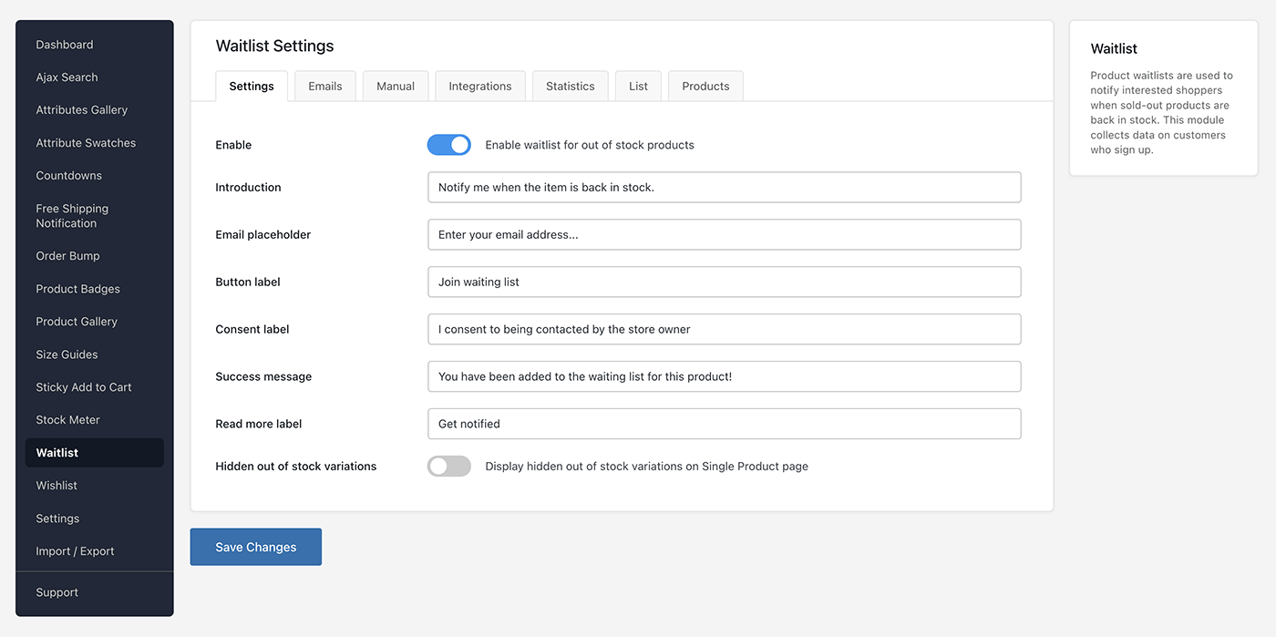 CommerceKit Waitlist Settings