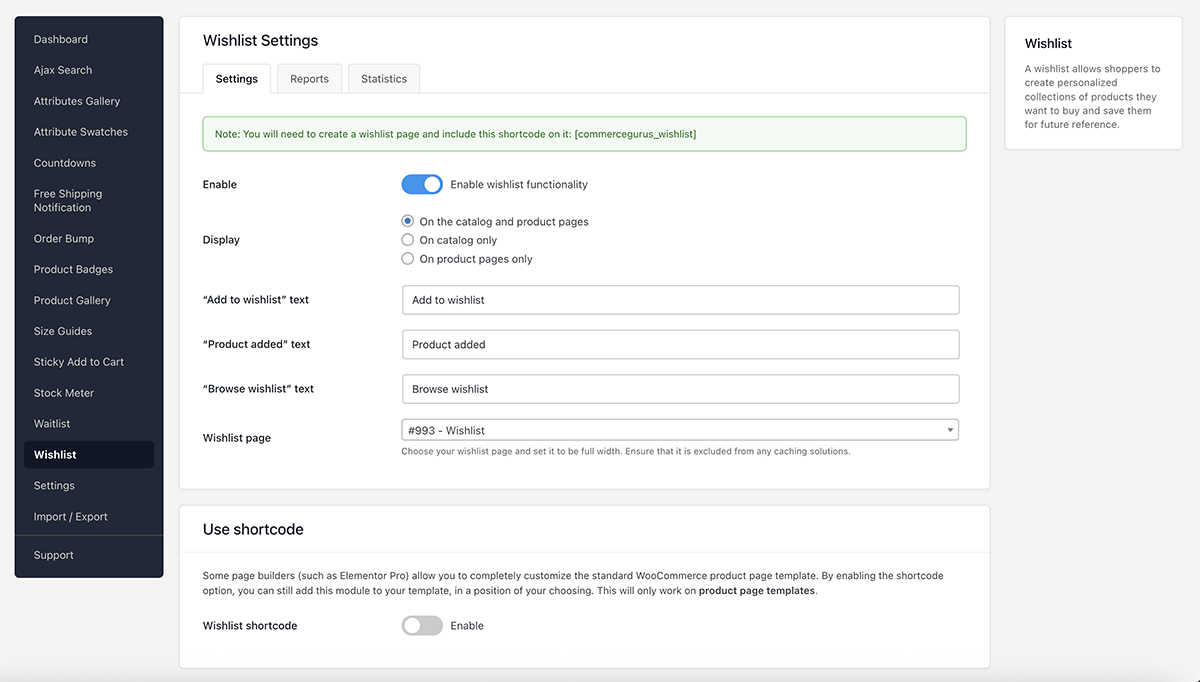 CommerceKit Wishlist Settings