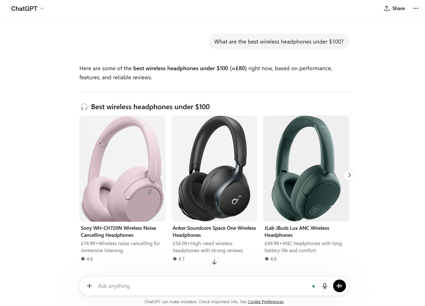 Shopping for headphones in ChatGPT